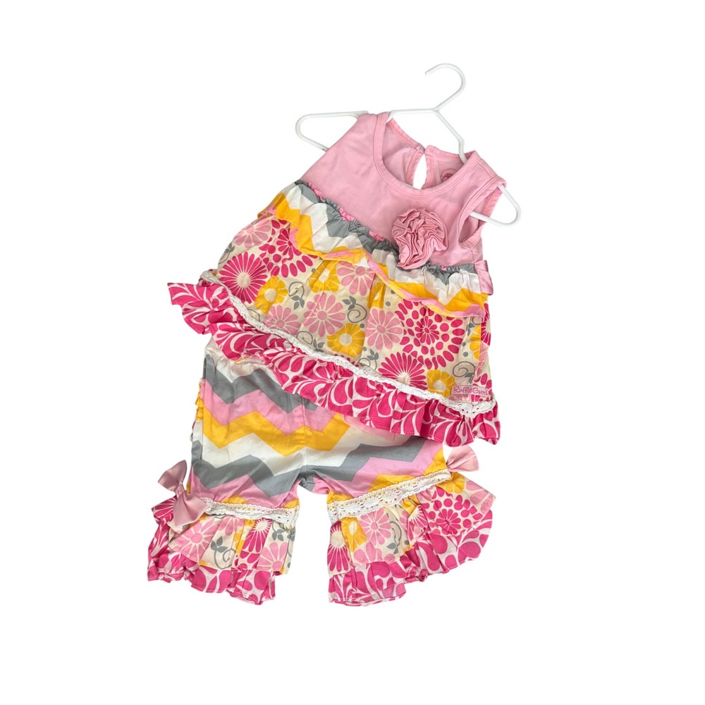 RuffleButts Girls Pink Floral Chevron Ruffle Top and Pants Set 18-24 Months
